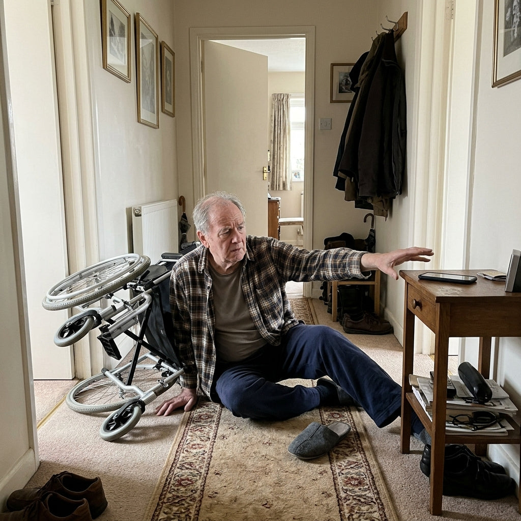 Man fallen next to his wheelchair, unable to reach his phone